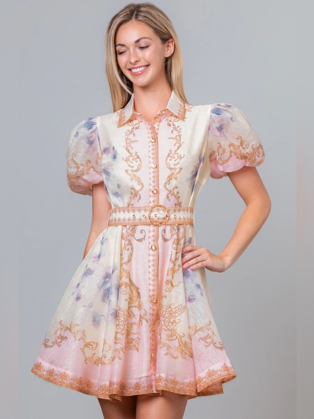 Baroque Scrollwork Floral Mini Dress with Pearl Belt - Taelynn